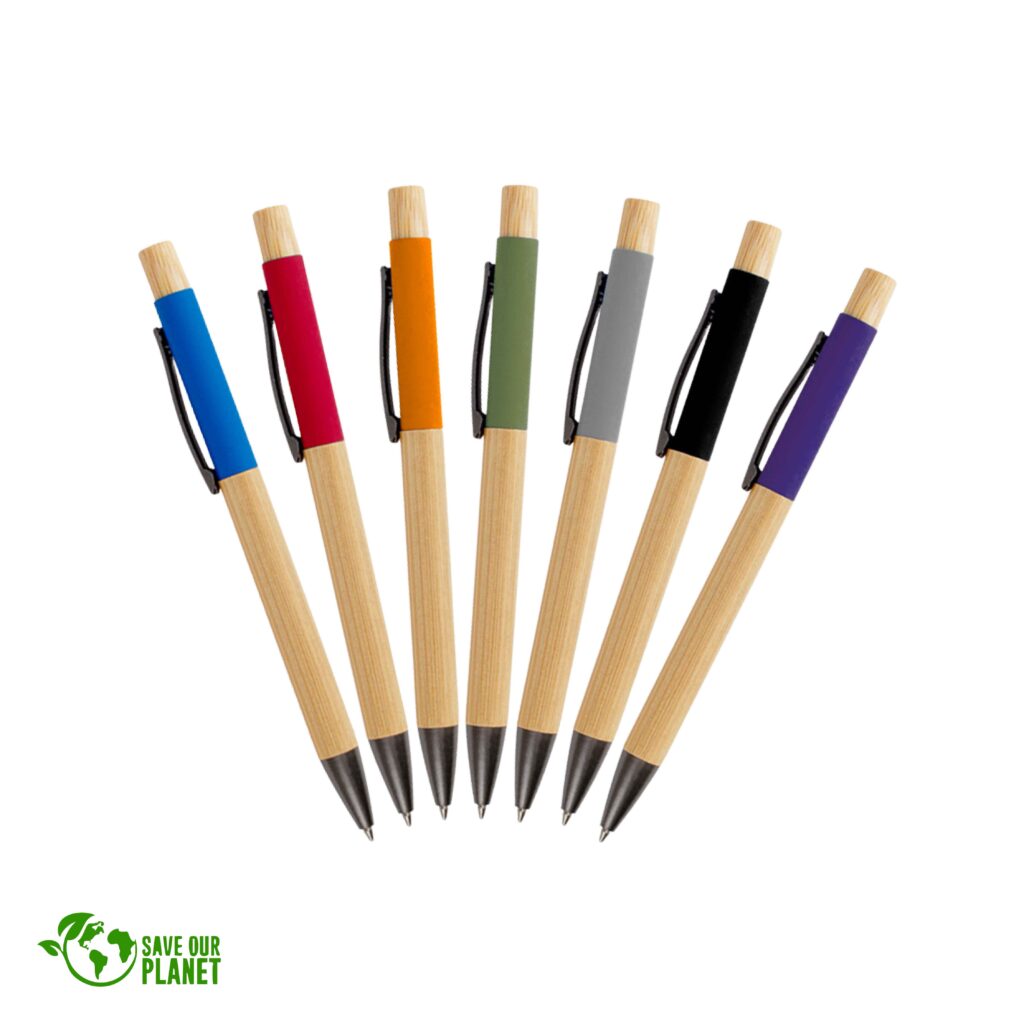 Bolígrafo ecológico de bambú EVA con terminales metálicos y goma EVA de color