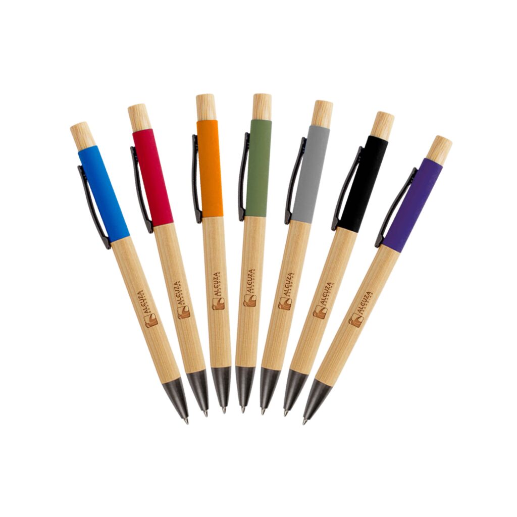 Bolígrafos ecológicos de bambú con clip de colores personalizados Alcuzabranding
