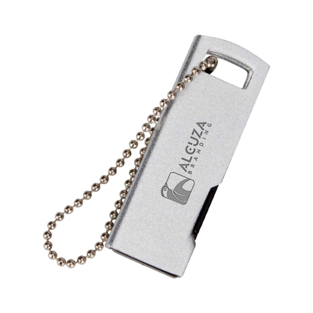 Pendrive metálico con cadena de bolitas y logotipo de Alcuzabranding