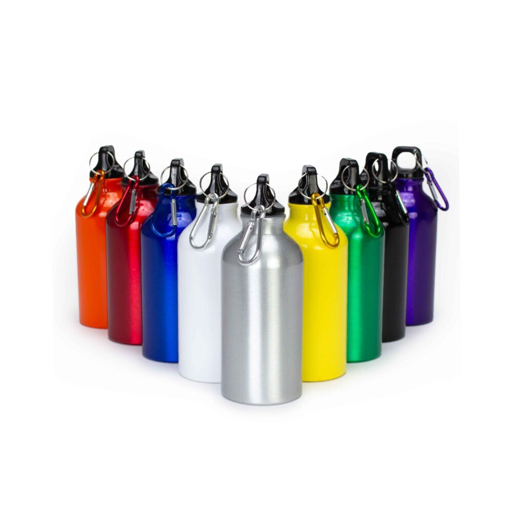 Botella deportiva de aluminio 420ml con tapa de rosca y argolla metálica