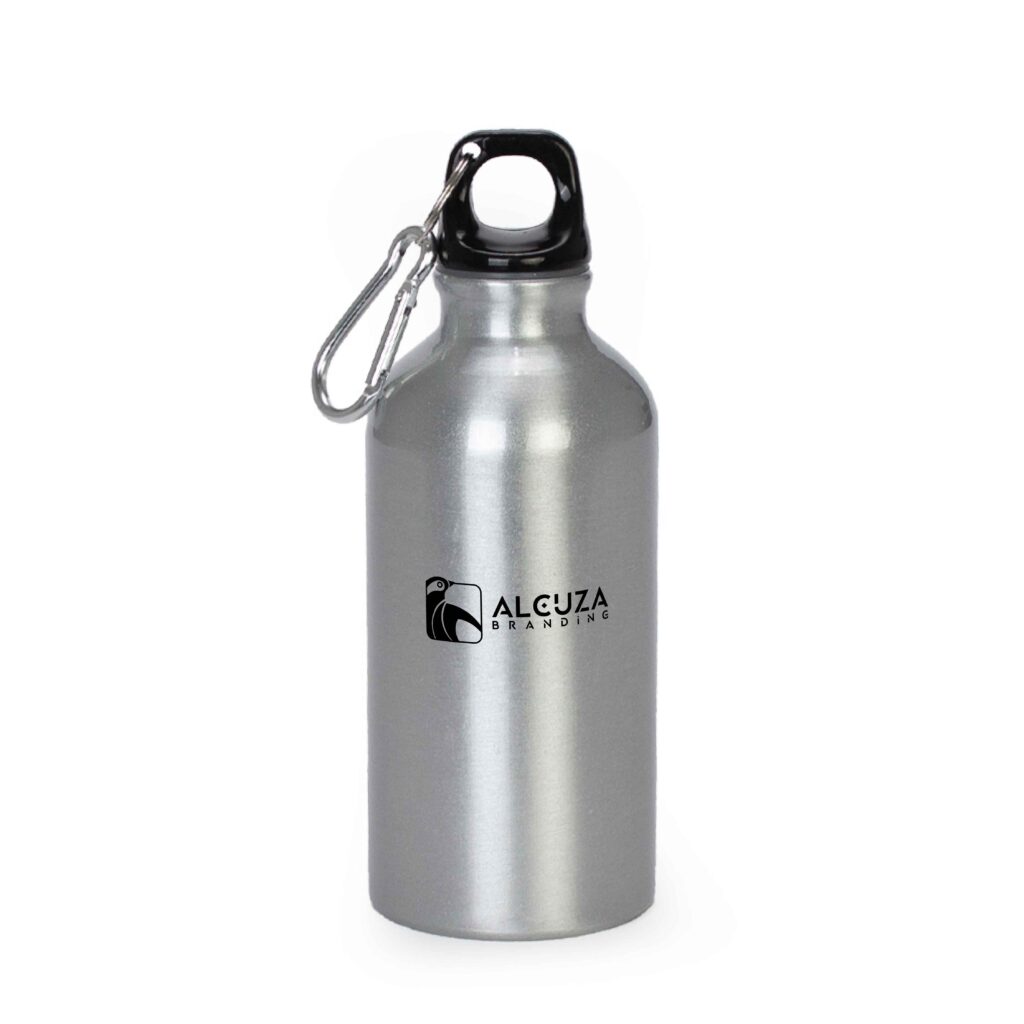 Botella de aluminio plateada con mosquetón