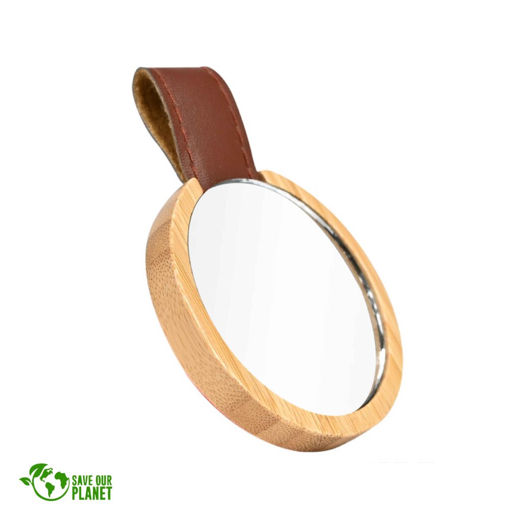 Espejo redondo de bambú con correa de eco-cuero – Diseño ecológico y personalizable