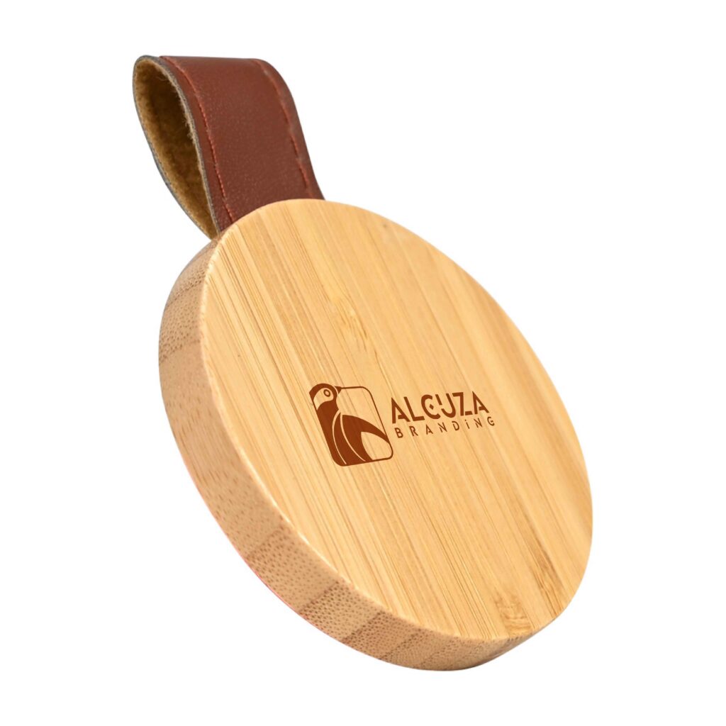 Espejo redondo de bambú con cinta de cuero y logotipo de Alcuzabranding