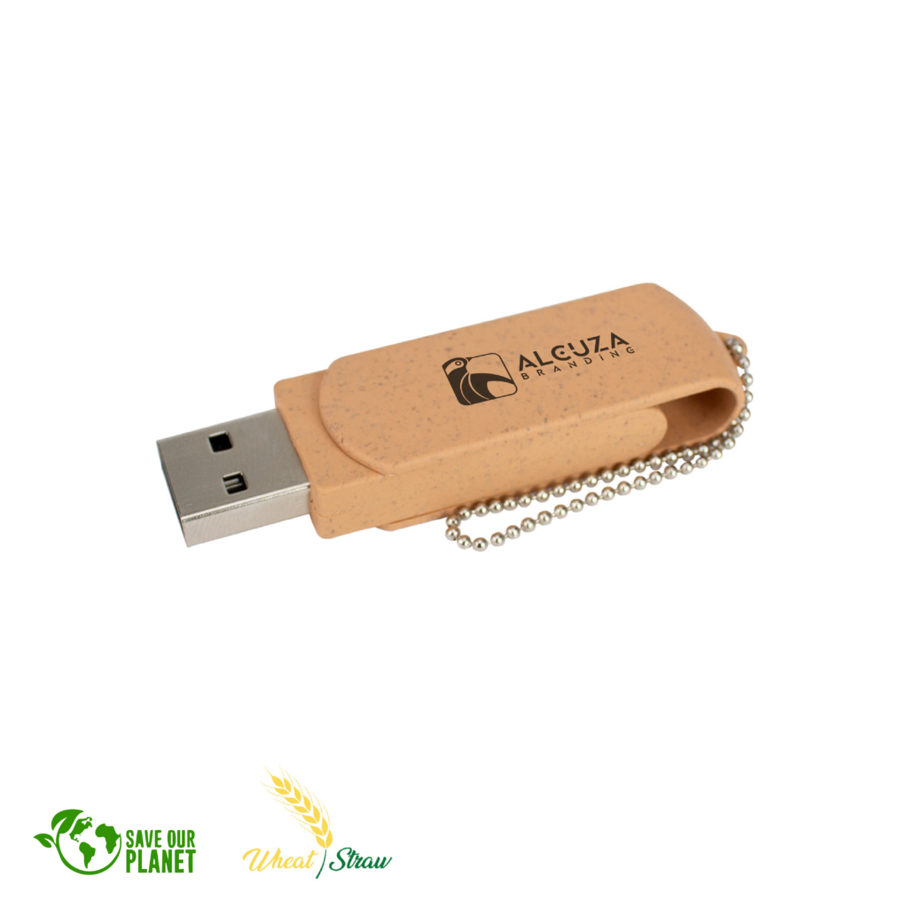 Memoria USB ecológica de bambú con logo Alcuzabranding y cadena metálica