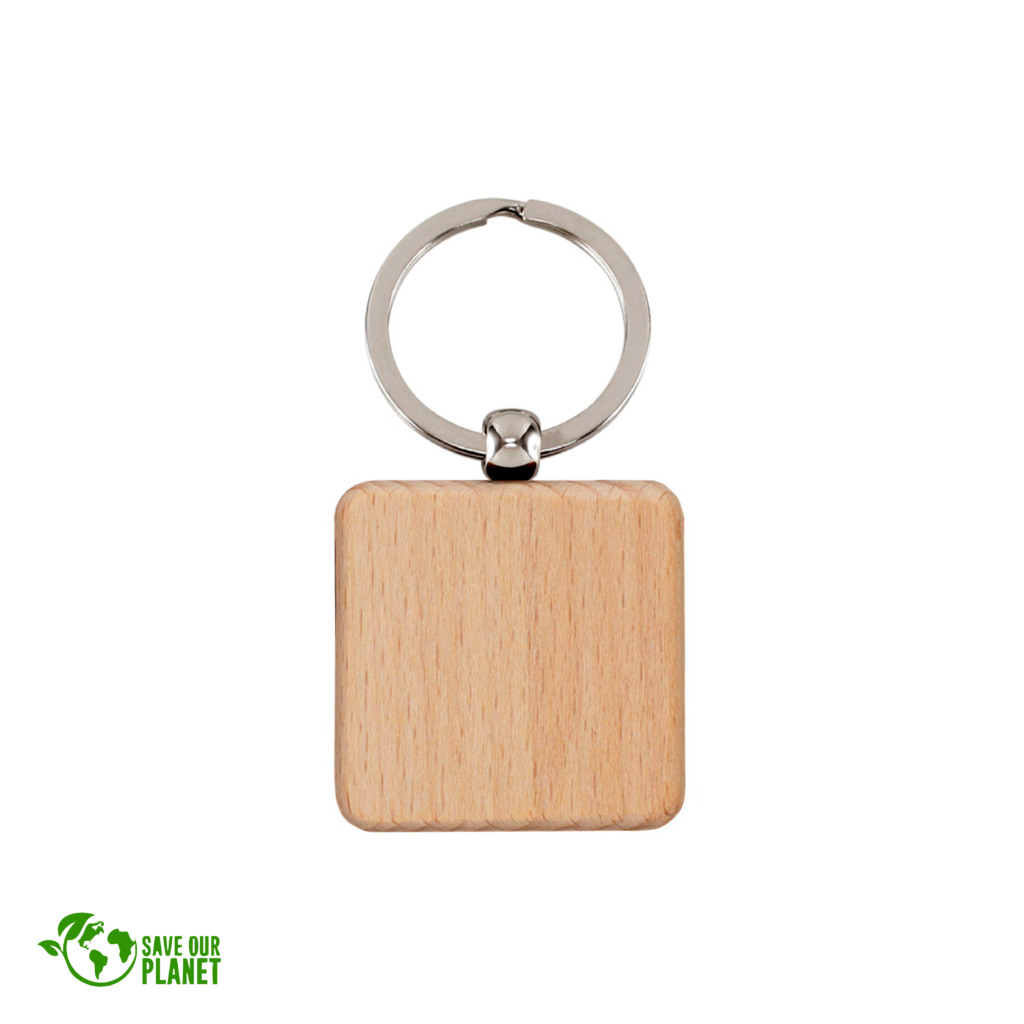 Llavero cuadrado de bambú con anillo metálico y grabado ecológico Save Our Planet