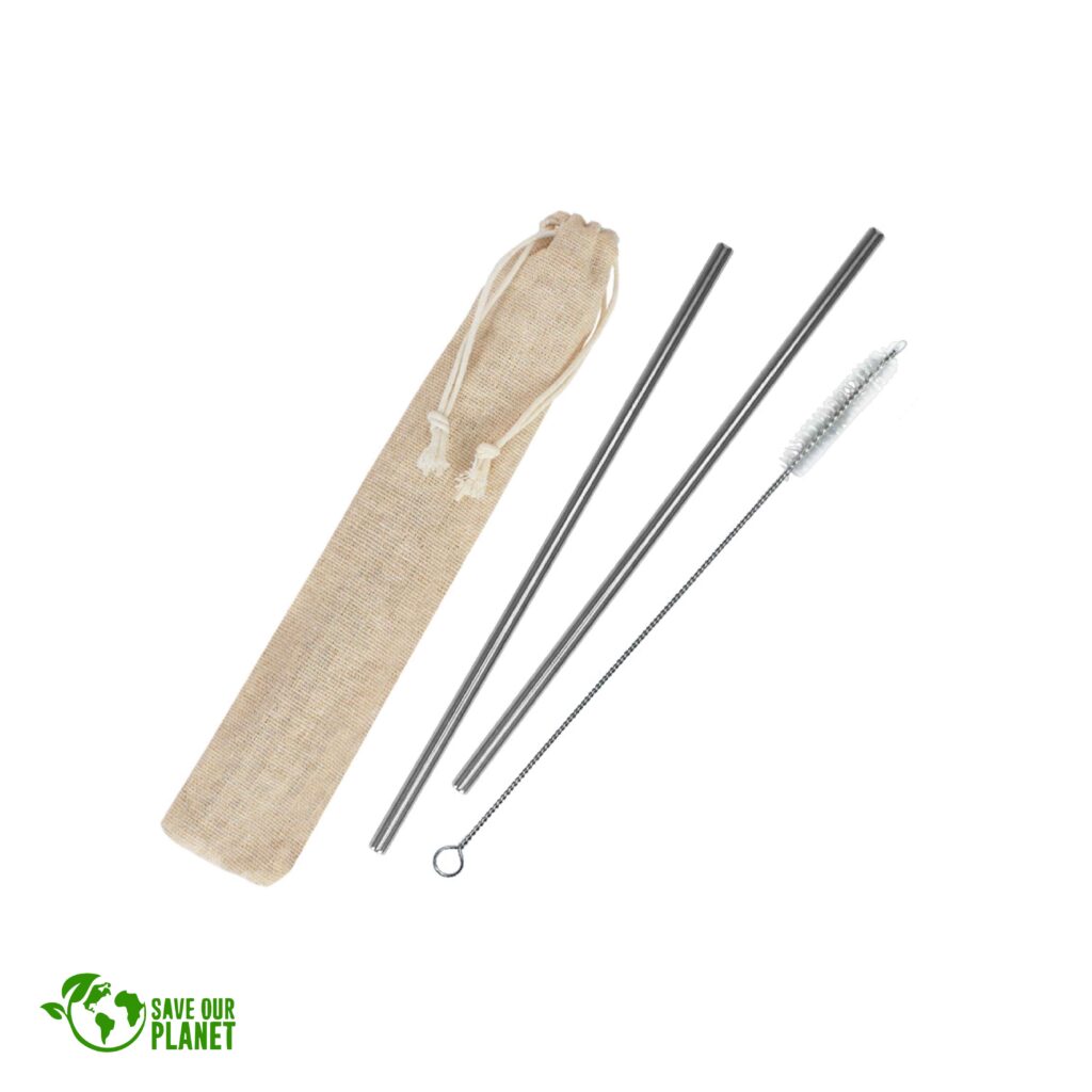 Set de bombillas de acero inoxidable con cepillo y bolsa de lino reutilizable