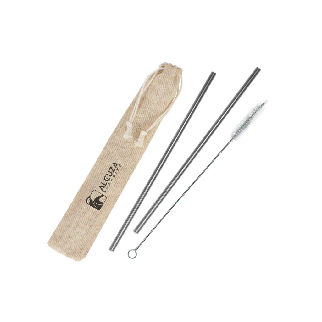 Set de bombillas reutilizables de acero inoxidable con cepillo limpiador y bolsa de tela Alcuzabranding
