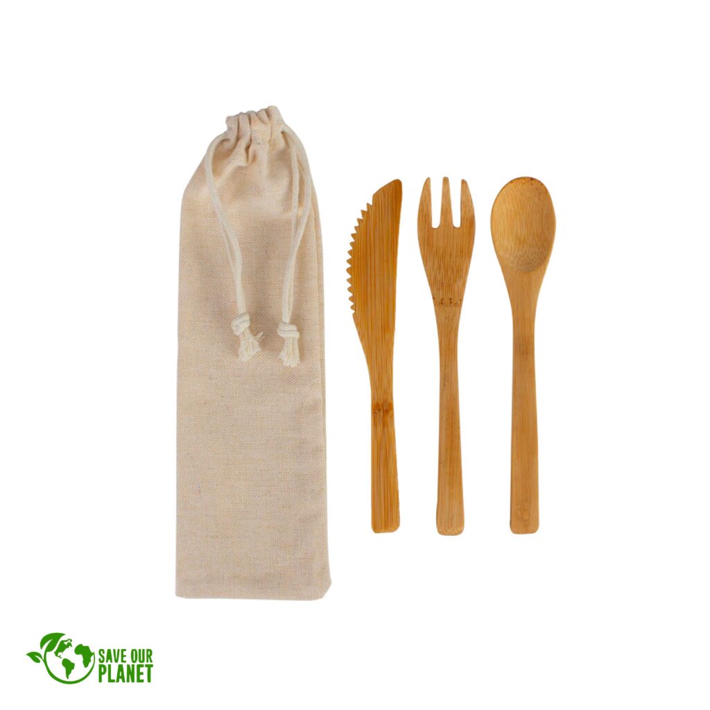 et de cubiertos ecológicos de bambú con bolsa de algodón y cordón retráctil - Alcuzabranding
