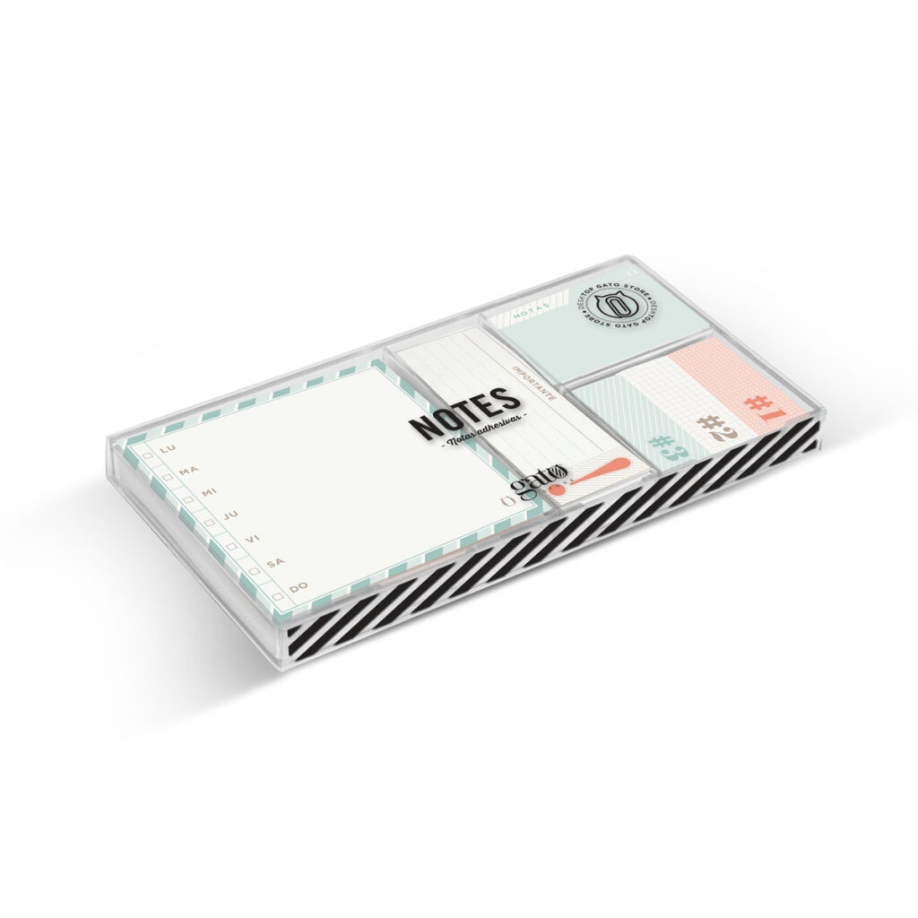 adhesivas en papel de 100 g. Incluye 6 modelos en varias medidas. Ideal para oficina, estudio o promociones. Presentación en caja de regalo.