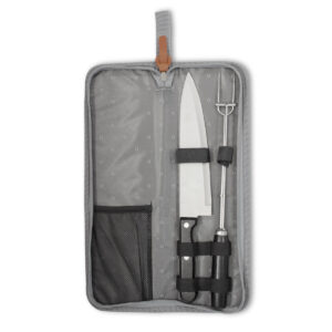 tenedor en acero inoxidable con mango de madera de caucho. Estuche de poliéster gris y caja de regalo. Ideal para campañas corporativas y regalos premium.