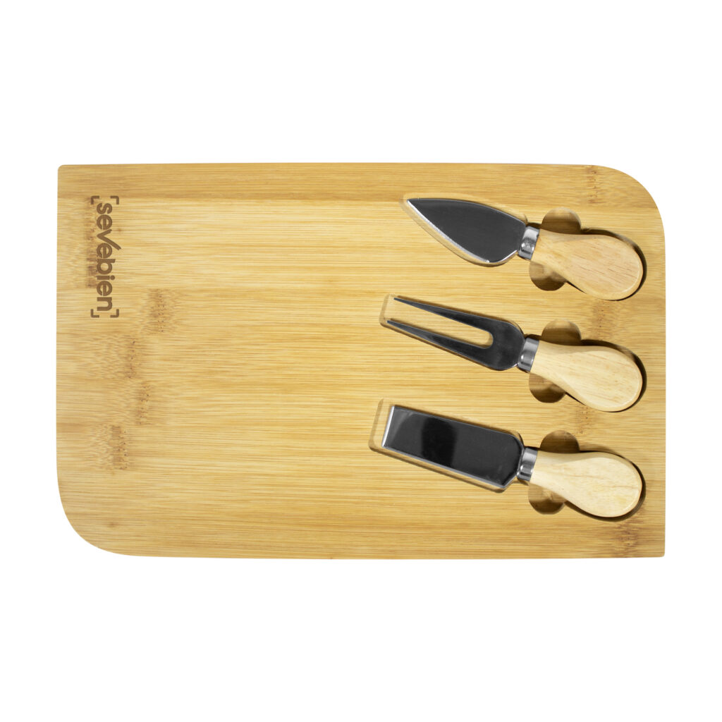 tabla de bambú personalizada con cuchillos para quesos