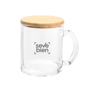 taza personalizada de vidrio con tapa de bambú