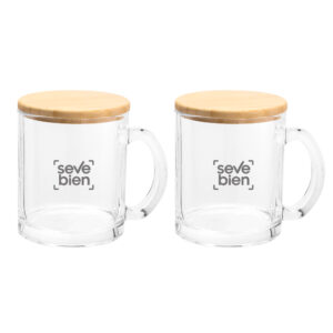 set de tazas personalizadas de vidrio y bambú