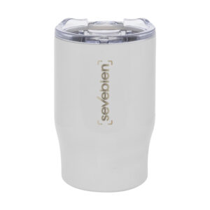 Mug térmico 350 ml de acero inoxidable con tapa a presión. Doble pared para conservar temperatura. No apto para bebidas gaseosas. Presentación en caja de regalo.